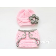 Pink knit baby girl set, Cable hat and diaper cover