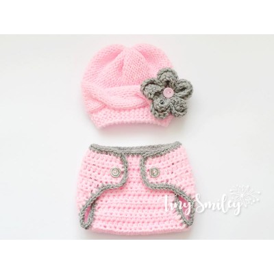 Pink knit baby girl set, Cable hat and diaper cover Pink knit baby girl set, Cable hat and diaper cover