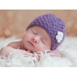 Purple mohair crochet girl hat, Newborn mohair baby hat with flower