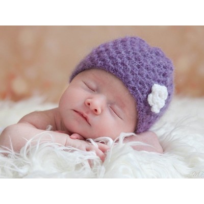 Purple mohair crochet girl hat, Newborn mohair baby hat with flower