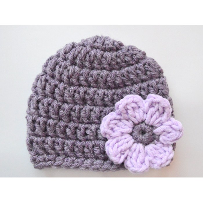 Purple baby girl crochet hat, Crochet girl with flower, Newborn flower hats