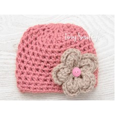 Baby salmon girl hat with flower, Crochet hospital hat beanie 