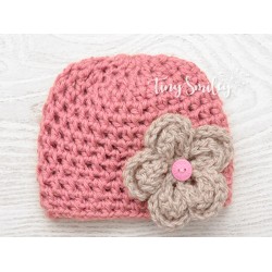 Baby salmon girl hat with flower, Crochet hospital hat beanie 