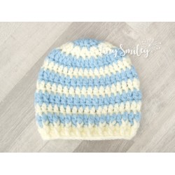 Striped boy crochet hat, Cream and sky blue newborn beanie, Hospital boy hats 