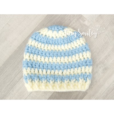 Striped boy crochet hat, Cream and sky blue newborn beanie, Hospital boy hats 