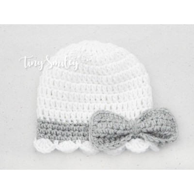 Crochet bow girl hat, White baby girl hat, Hat with bow crochet, Tinysmiley