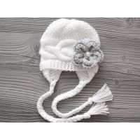 Winter white baby hat, Knit baby girl hat, Girl winter earflap hats