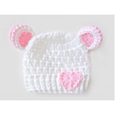 Crochet bear white girl hat with ears, Bear newborn baby hat with little heart