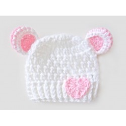 Crochet bear white girl hat with ears, Bear newborn baby hat with little heart