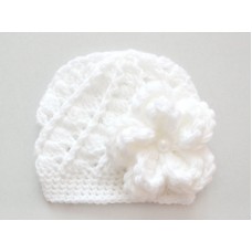 White baby hats for girl, Crochet newborn girl hat, Textured  baby flower hat