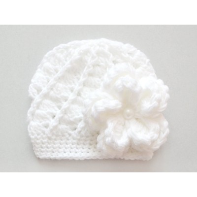 White baby hats for girl, Crochet newborn girl hat, Textured  baby flower hat