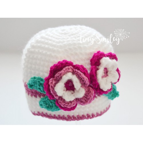 Baby Girl  white Crochet Hat with a lovely Flower and Teddy bear Newborn 