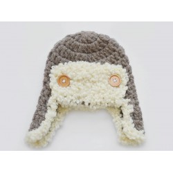 Brown aviator crochet hat with fluffy edges