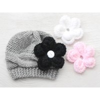 Knit baby girl hat with flowers, Removable flowers hat, Wool winter girls hats