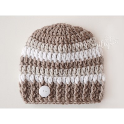 Beige striped baby boy hat, Wool winter crochet boy hat, Wool newborn outfit