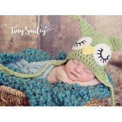 Owl earflap baby hat, Green crochet baby hat