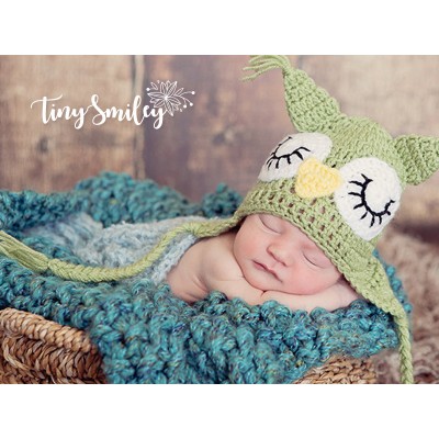 Owl earflap baby hat, Green crochet baby hat