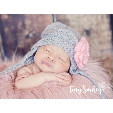 Earflap flower knit baby girl hat, Gray wool hand knitted hat baby girl hat