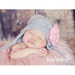 Earflap flower knit baby girl hat, Gray wool hand knitted hat baby girl hat