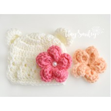 Flower crochet cream bear hat, Crochet bear hat with removable flowers