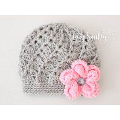 Flower gray crochet girl hats, Hospital baby girl beanie, Hat baby girl