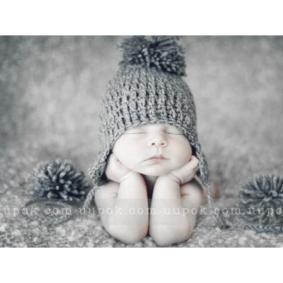 Baby pompom earflap hat, Gray ear flaps crochet newborn hat pom pom