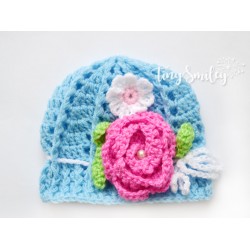 Blue flower baby girl hat, Newborn girl hat, Crochet baby girl beanie outfit