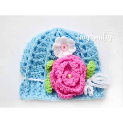 Blue flower baby girl hat, Newborn girl hat, Crochet baby girl beanie outfit
