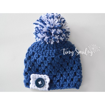 Pompom blue boy hat, Old navy newborn baby hat, Take home outfit crochet
