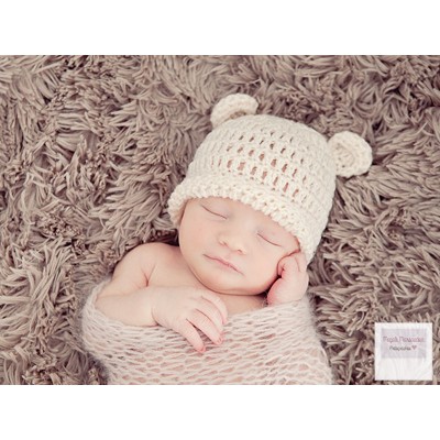 Newborn bear ears wool hat, Cream crochet baby bear hat