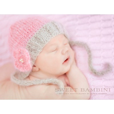 Mohair baby girl bonnet, Flower pink newborn bonnet, Tinysmiley