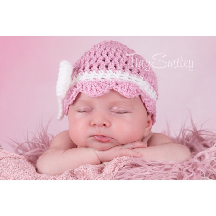 Newborn girl bow hat pink, Bow girl beanie, Newborn white bow hat